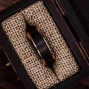 BLACK with ROSE GOLD Edge Ring, 8mm Brushed Tungsten with rose gold plated edges. Unique Wedding or Engagement Band. image 5