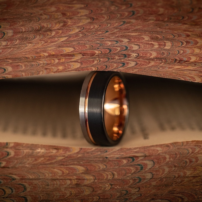 Silver and Rose Gold Wedding Ring- Black Tungsten Wedding Band with brushed finish