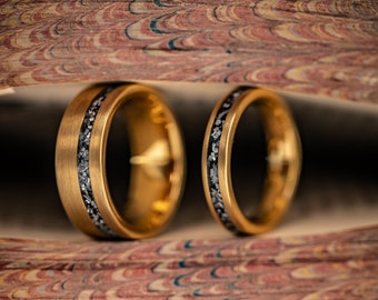 Gold Wedding Ring Set: Yellow Gold Tungsten bands with Meteorite Inlay, His and Hers