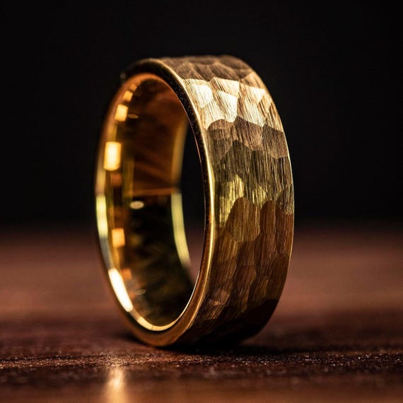 HAMMERED GOLD WEDDING Ring, 18K Yellow Gold Wedding Band, Men's Engagement Ring, Hammered Ring, Gold Tungsten Ring, Men's Wedding Band Gold