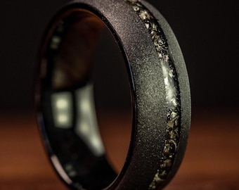 Black Meteorite Wedding Ring for Men, Sandblasted Wedding Band with Meteorite Inlay