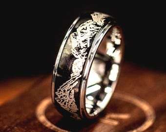 Fede nuziale con montagne, anello di fidanzamento da uomo con montagne, argento e nero con montagne, fede nuziale da uomo, fede nuziale da uomo (8 mm)