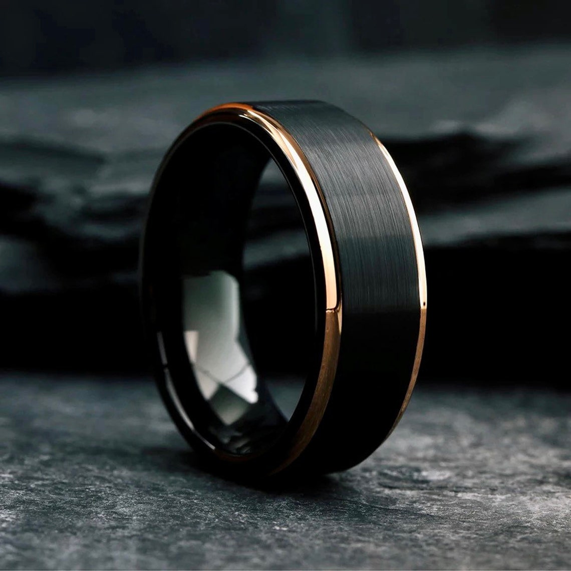 Black Tungsten Ring with Brushed Texture and Rose Gold Edges