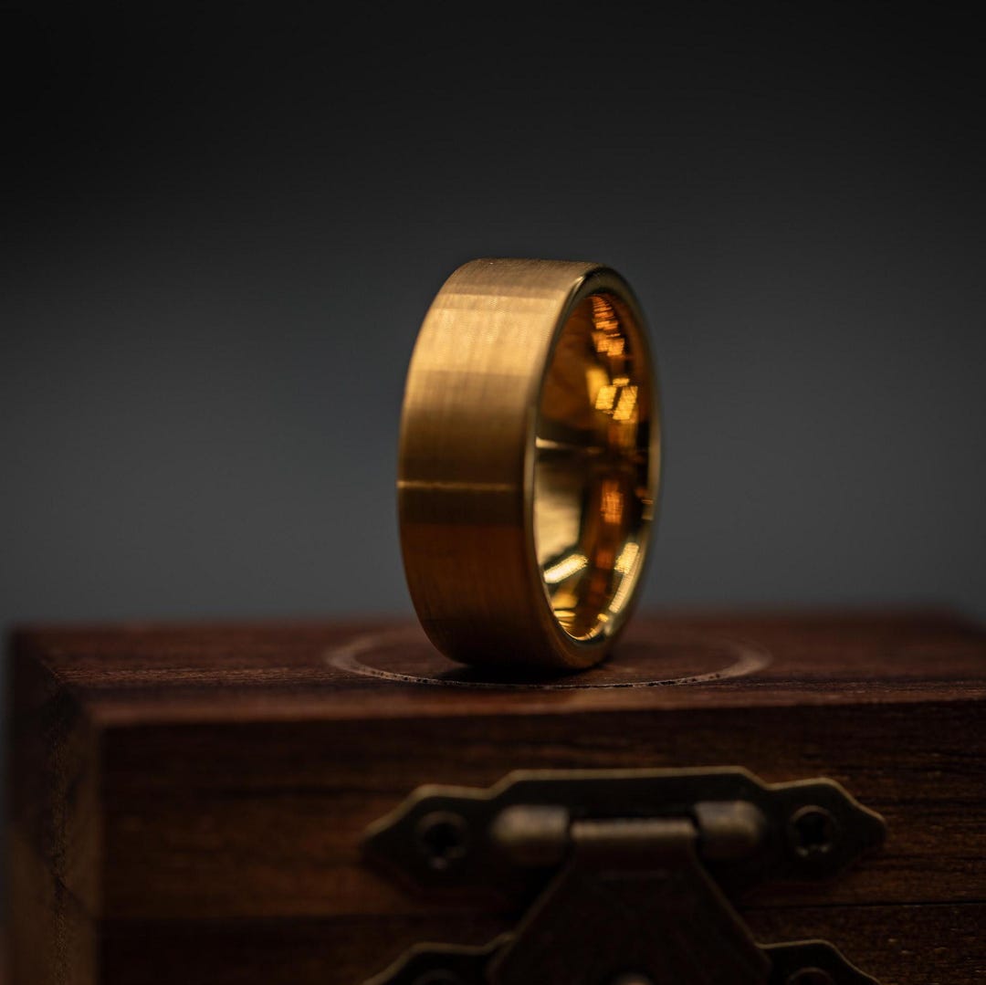 GOLD BRUSHED WEDDING Ring, 18K Yellow Gold Plated Wedding Band, Men's ...