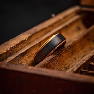 BLACK with ROSE GOLD Edge Ring, 8mm Brushed Tungsten with rose gold plated edges. Unique Wedding or Engagement Band. image 4