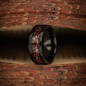 Black Hammered Wedding Band with Red DINOSAUR Bone and Meteorite Ring, Hammered Tungsten & Dinosaur Bone Wedding Ring, T-Rex Bone, Mens 8mm