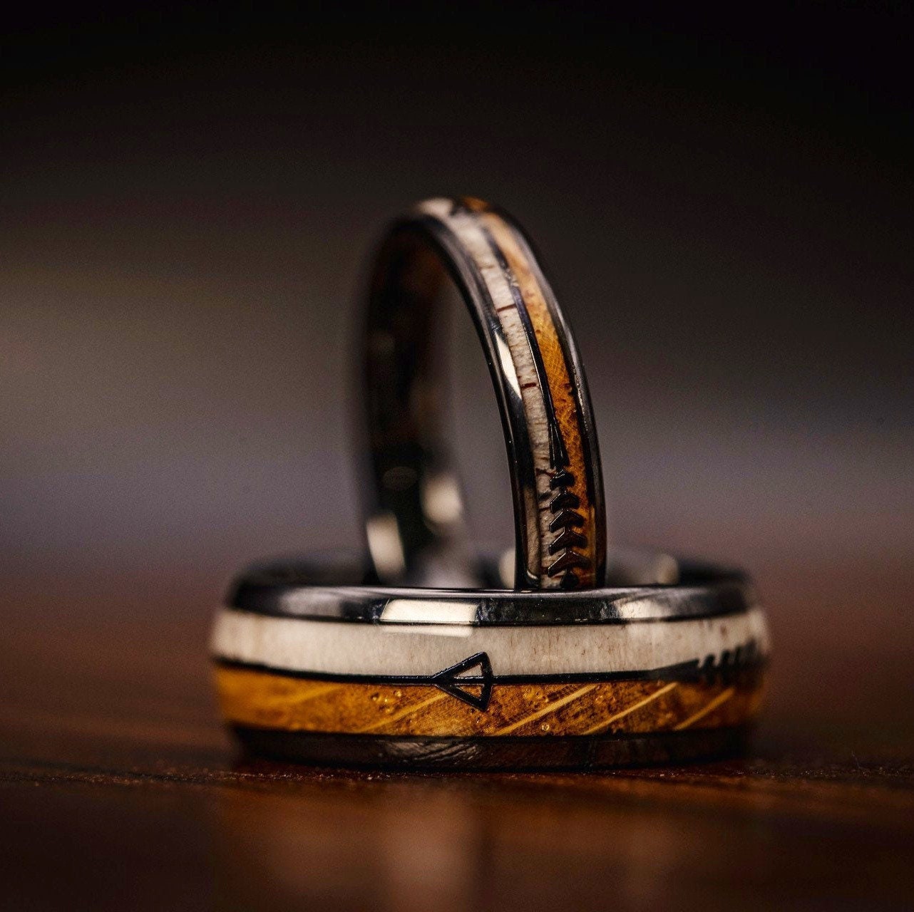 COUPLES Deer ANTLER & Whiskey Barrel WEDDING Rings, His and Hers Wedding Bands, Engagement Rings, Matching Wedding Rings, Couples Ring Set