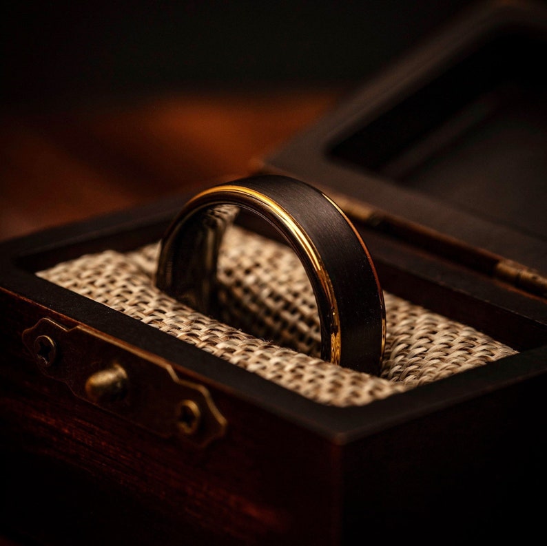 BLACK with ROSE GOLD Edge Ring, 8mm Brushed Tungsten with rose gold plated edges. Unique Wedding or Engagement Band. image 2