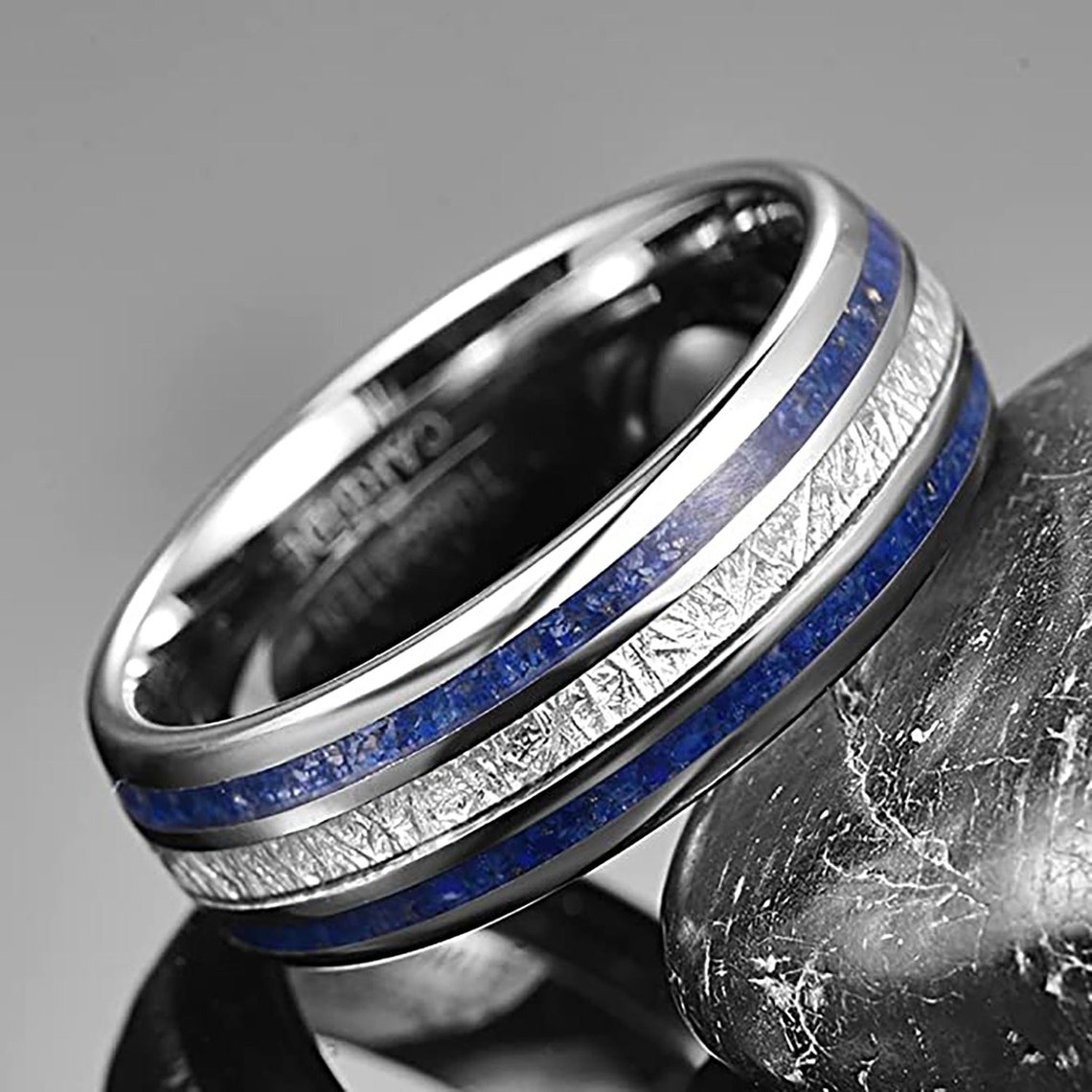 Silver Tungsten Ring with Blue Lapis Lazuli Mineral surrounding Silver Meteorite