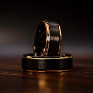 BLACK with ROSE GOLD Edge Ring, 8mm Brushed Tungsten with rose gold plated edges. Unique Wedding or Engagement Band.