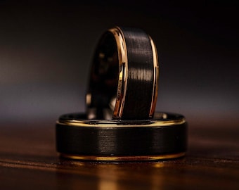 BLACK with ROSE GOLD Edge Ring, 8mm Brushed Tungsten with rose gold plated edges. Unique Wedding or Engagement Band.