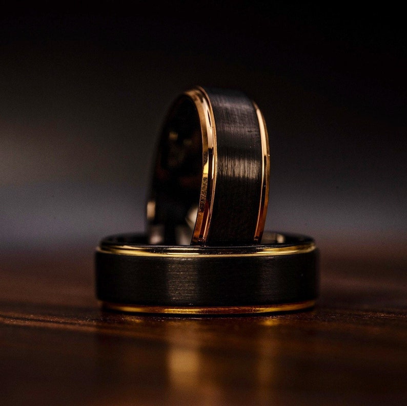 BLACK with ROSE GOLD Edge Ring, 8mm Brushed Tungsten with rose gold plated edges. Unique Wedding or Engagement Band. image 1