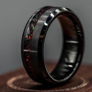 Black Fire Opal Wedding Ring for Men – Brushed Finish Band with Beveled Edge