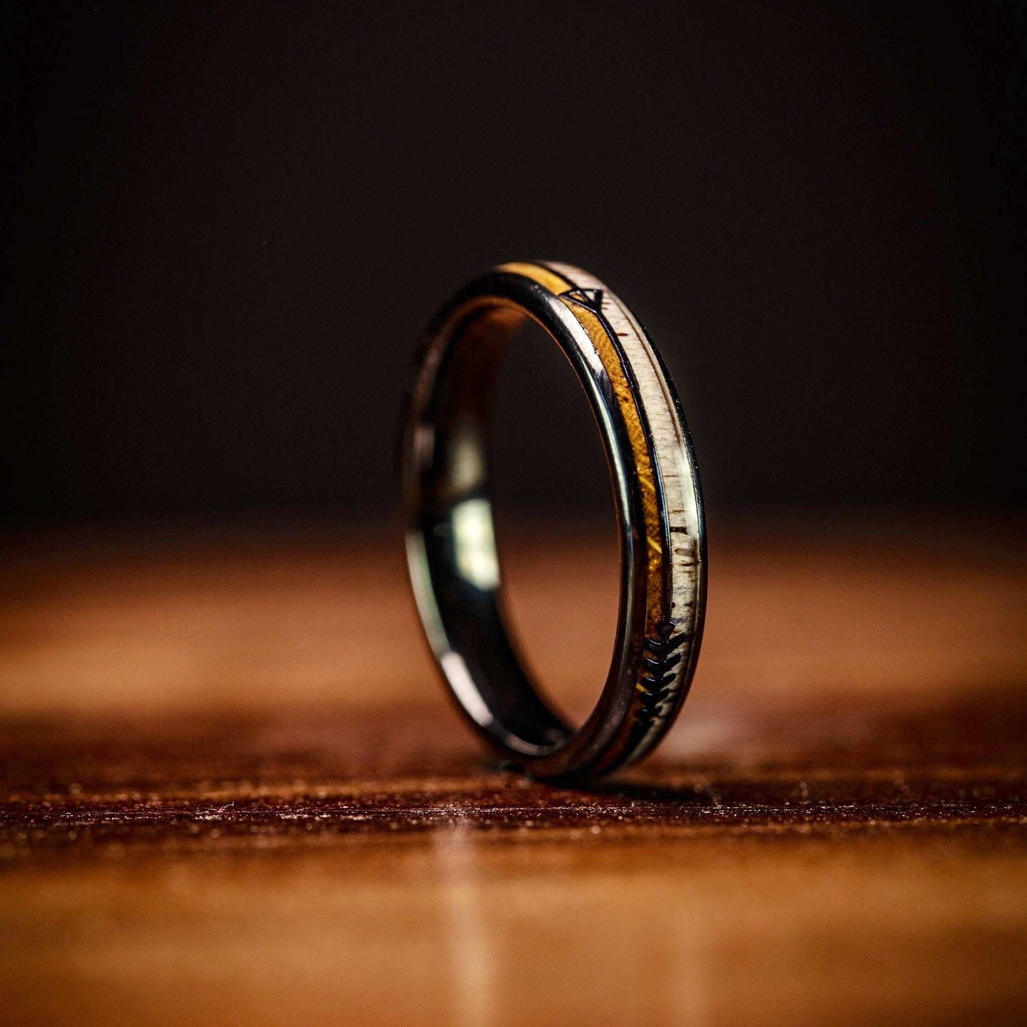 Deer Antler Wedding Ring: Whiskey Barrel Oak Inlay, Ceramic Titanium Band