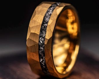Mens Gold Meteorite Wedding Ring, 18K Tungsten Band, 8mm