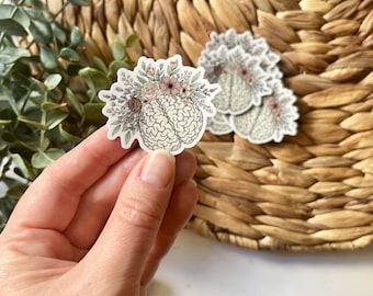 Floral Brain Sticker, Mental Health, Neurodiversity, Waterproof Vinyl
