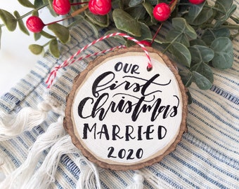 Personalized Christmas Wooden Ornament | Christmas Ornament | Calligraphy Ornament | Handlettered | Wedding Favor Ornament | Newlywed Gift