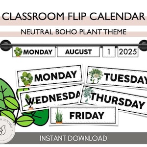 Neutral Boho Plants Flip Calendar, Natural Greenery Boho Display, Neutral Decor Date Organizer, Class Schedule, Montessori Classroom Style