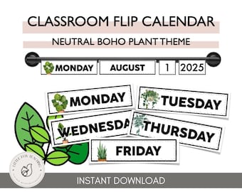 Boho Plant Classroom Flip Calendar, Neutral Decor (Digital Download)