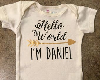 Hello World onesie, personalized baby onesie, baby bodysuit, custom onesie, arrow, new baby