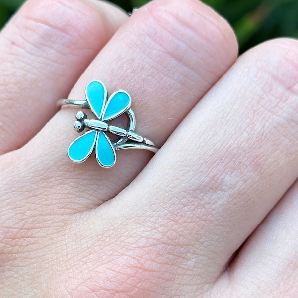 Dragonfly Green Turquoise Stone Ring Women Silver Ring Cubic Zirconia Ring 925 Sterling Silver Ring 14mm