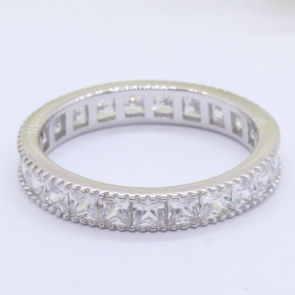 3mm Full Eternity Art Deco Antique Style Wedding Band Ring Princess Cut Square CZ Simulated Diamond 925 Sterling Silver