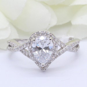 Halo Infinity Shank 1.25 Carat Pear Teardrop Wedding Engagement Bridal Ring Round Diamond CZ Solid 925 Sterling Silver