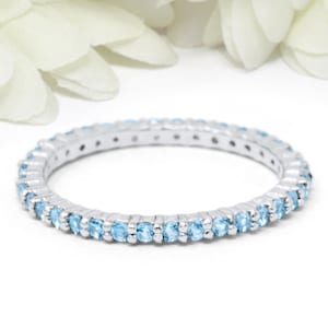 2mm Full Eternity Stackable Stacking Round Simulated Aquamarine Wedding Band Ring 925 Sterling Silver