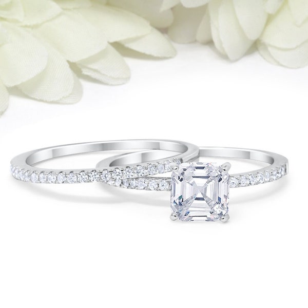 2.00 Carat Asscher Cut Wedding Sent Engagement Ring Band Bridal Set Round Simulated Diamond Sterling Silver