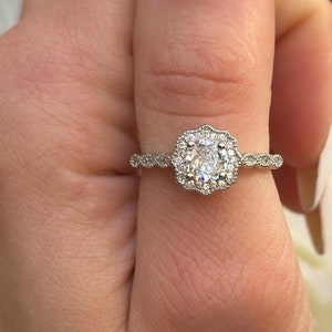 Art Deco Halo Wedding Engagement Ring Round Diamond CZ Accent Solid 925 Sterling Silver Bridal Jewelry, Wedding Ring