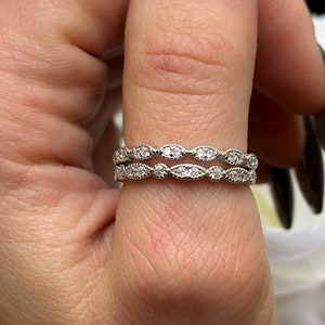 Art Deco Design Two Piece Stacking Half Eternity Marquise Round Simulated Diamond CZ Wedding Band Ring  925 Sterling Silver Choose Color