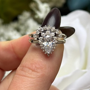 1.80 Carat Pear Teardrop Round Diamond CZ Halo Bridal Set Ring Band Wedding Engagement Ring Art Deco Solid 925 Sterling Silver Bridal