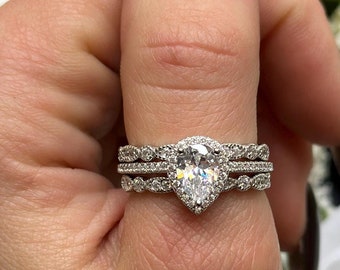 Art Deco Teardrop Bridal Ring Set: 925 Sterling Silver, Pear Simulated Diamond