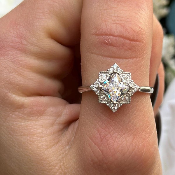 Art Deco Princess Cut CZ Halo Ring: Sterling Silver Engagement Jewelry