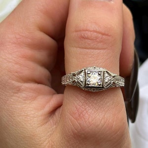 Art Deco Vintage Wedding Engagement Ring 0.84 Carat Round Simulated Diamond Accent 925 Sterling Silver