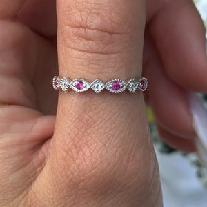 Art Deco Sterling Silver Half Eternity Band: Ruby & Diamond CZ