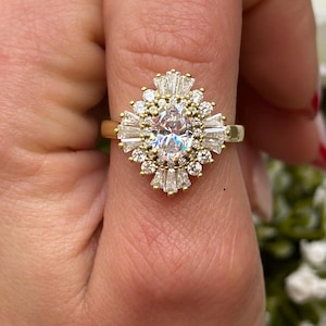 Baguette Halo Art Deco Vintage Ring 1.21Ct Oval Diamond CZ 925 Sterling Silver Wedding Engagement Anniversary Bridal Ring Antique Style