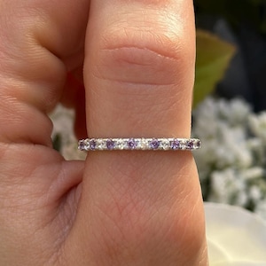 2mm Full Eternity Round Amethyst Wedding Band Ring Alternating Amethyst CZ Simulated Diamond 925 Sterling Silver