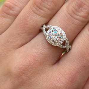 Art Deco Halo Simulated Diamond Engagement Ring: 925 Sterling Silver Infinity Shank