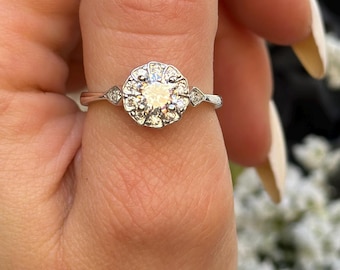 Art Deco Sterling Silver Halo Ring: 1.00 Carat CZ Engagement Bridal