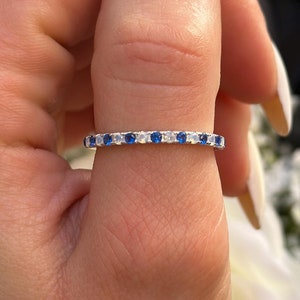 Sterling Silver Eternity Band Ring: Blue Sapphire & White Opal