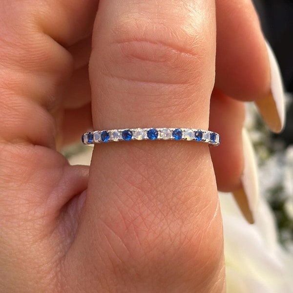 Sterling Silver Eternity Band Ring: Blue Sapphire & White Opal