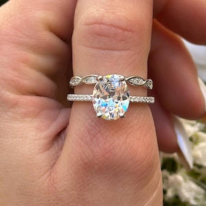 3.00 Carat Oval Cut Simulated Diamond Art Deco Solitaire Accent Dazzling Wedding Engagement Ring Band Two Piece Round CZ Sterling Silver