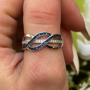 Weave Crisscross Infinity Ring Round Simulated Sapphire Diamond CZ Solid 925 Sterling Silver