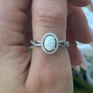 Infinity Shank Twisted Oval Vintage Lab White Opal Wedding Engagement Ring Art Deco Bridal Ring Halo Solid 925 Sterling Silver Choose Color