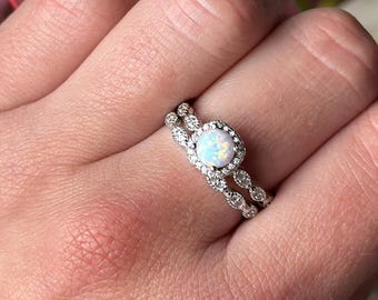 Art Deco White Opal Halo Bridal Set: Sterling Silver Wedding Ring