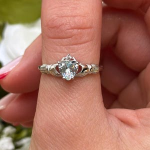 Irish Claddagh Promise Ring 925 Sterling Silver Simulated Aquamarine Round Simulated Diamond Accet Claddagh Engagement Ring March Stone