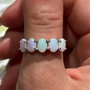 6mm Half Eternity Art Deco Wedding Band 925 Sterling Silver Oval Lab White Opal 5-Stone Ring Opal Band