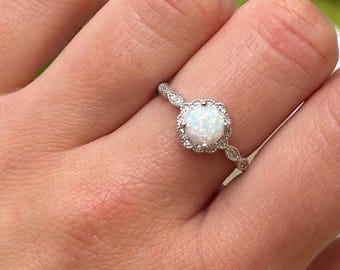 Art Deco Opal Engagement Ring: Sterling Silver Floral CZ Bridal Ring