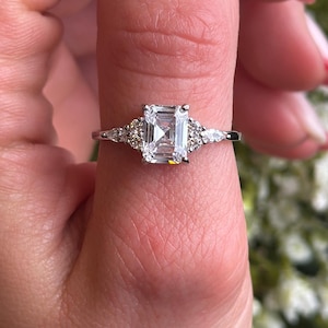 Art Deco Emerald Cut Sterling Silver Engagement Ring: Simulated Diamond CZ